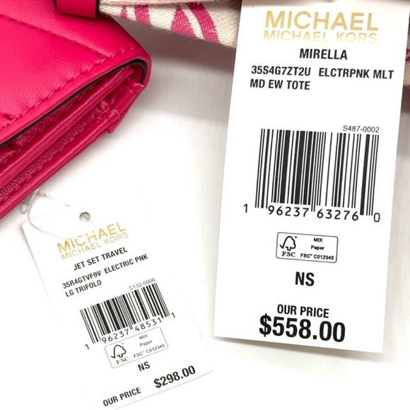 Michael Kors Medium Mirella Tote Bag & Large Trifold Wallet Electric Pink Multi - Picture 14 of 14